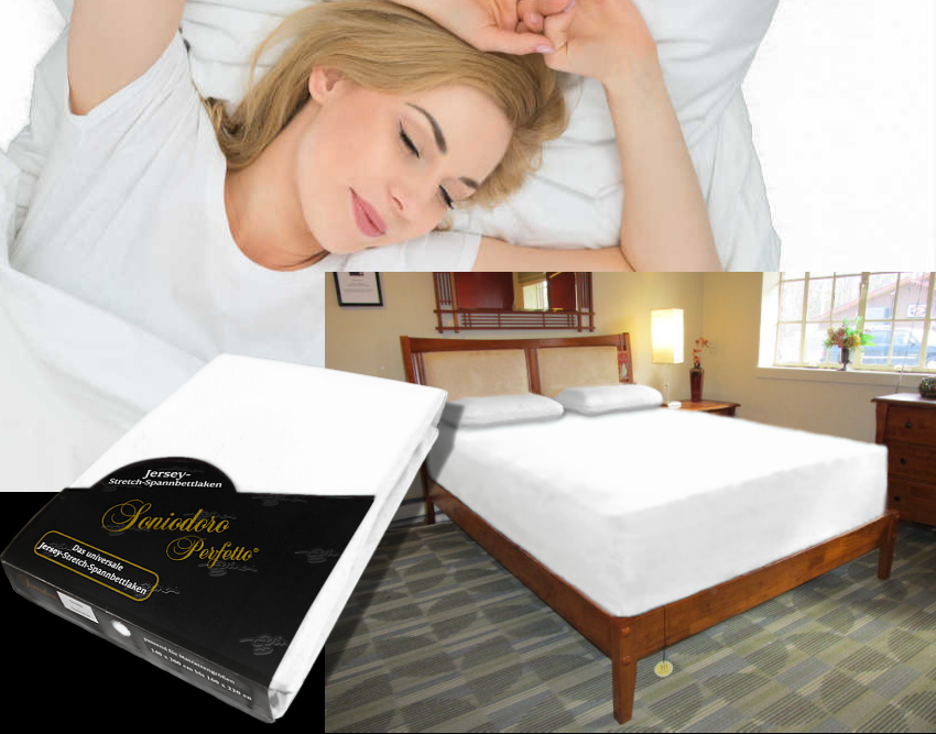 Collage: deep mattress dressed in white jersey stretch sheet, sleeping person, retail packaging — color 21-white
